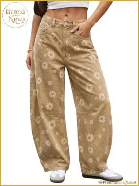 Wide Leg Floral Barrel Jeans Elastic Waist Y2K Denim with Pockets